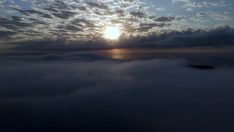 a view of the sun through the clouds from a plane window at sunset or sunrise time