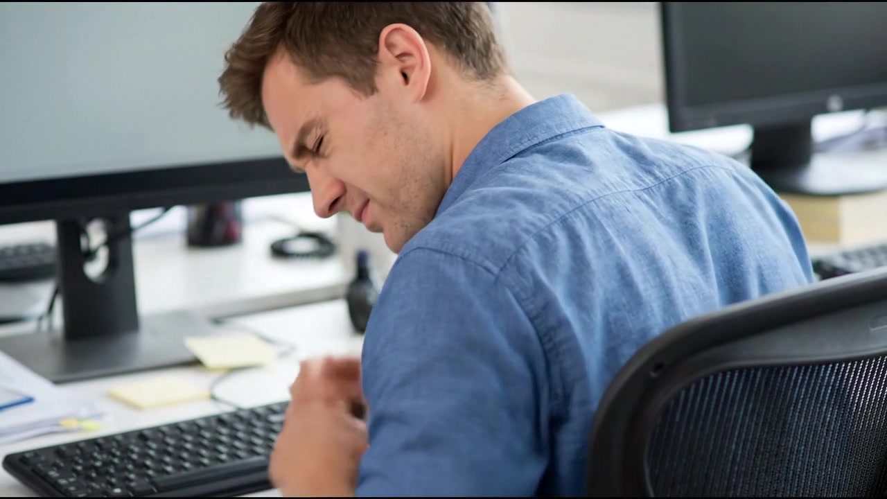 Office worker holding neck and shoulder while facing computer screen in everyday health concept