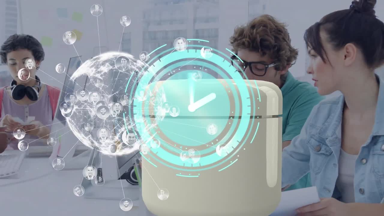 글로벌 네트워크의 애니메이션과 스캐너 처리 데이터에 대한 시계 작업에서 다양한 동료