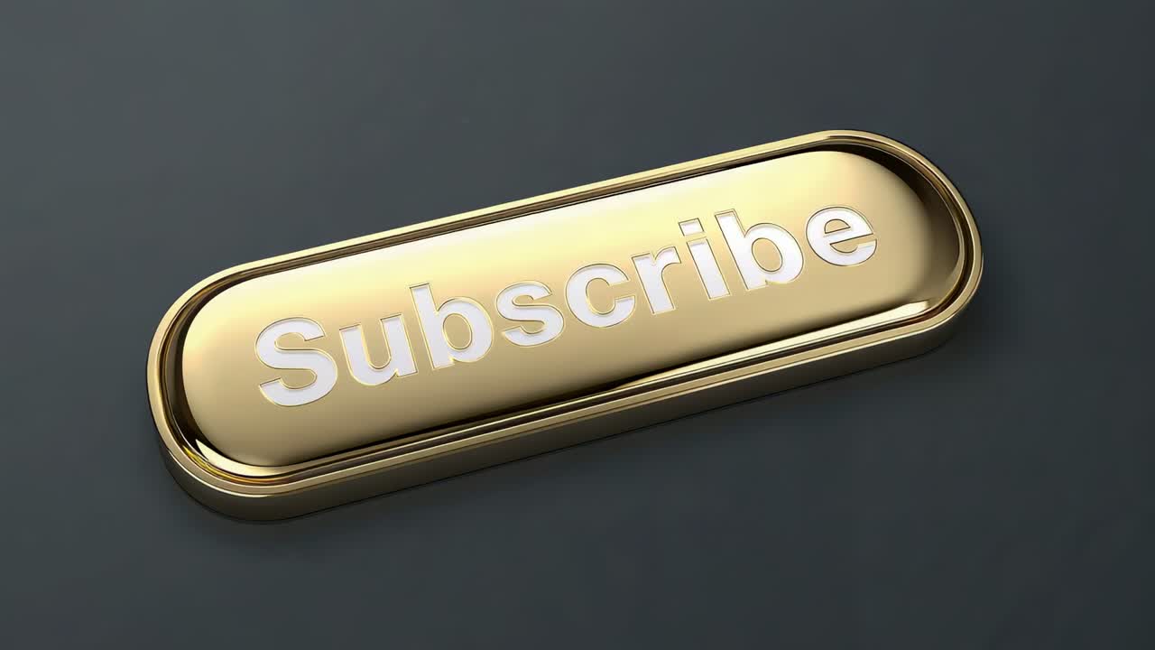 Shifting light rotating gold Subscribe button tilting on dark gray base showing recessed white text