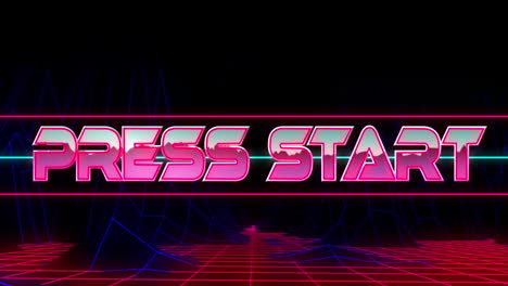 animation of press start text in metallic pink letters over blue neon glowing mesh