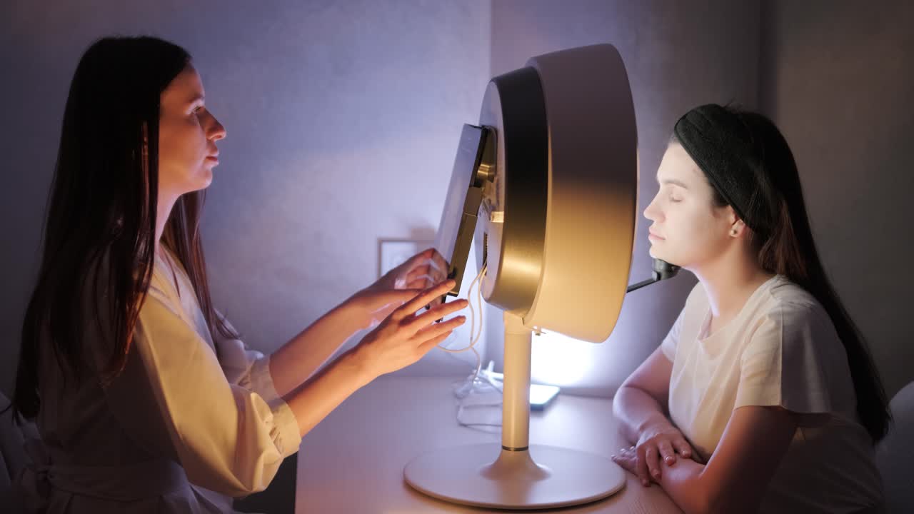 램프 아래에서 얼굴 검사를 수행하는 미용학자