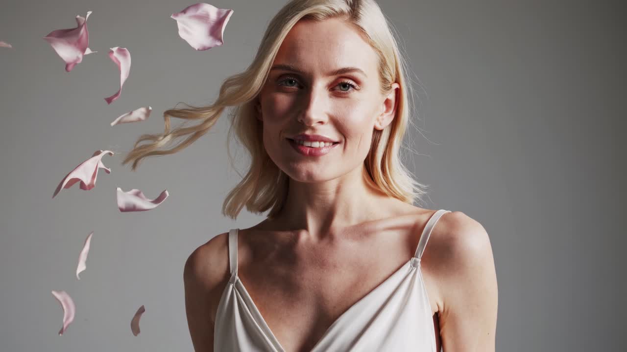 Un video sereno cattura una donna sorridente in un abito bianco, circondata da petali che cadono
