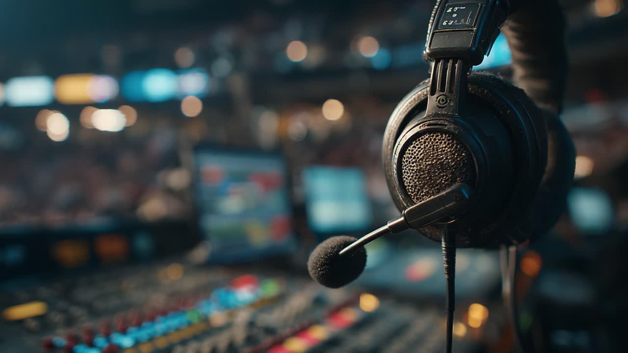 Close-Up of a Professional Headset and Audio Controls in a Dynamic Broadcasting Environment, Showcasing Equipment for High-Quality Sound Production