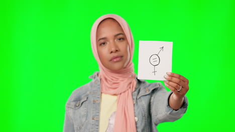 Green-screen,-gender-and-woman-with-equality-sign