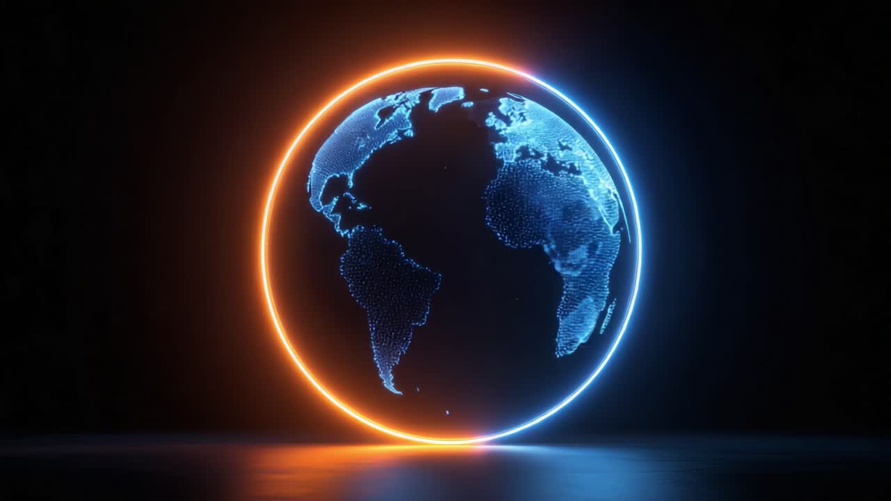 Neon planet Earth hologram with a blue and orange glowing ring spinning in a seamless loop on a dark background, representing global network, technology, connection and futuristic concepts