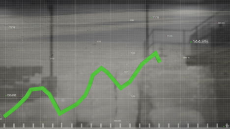 animación de gráfico con múltiples números cambiantes sobre la oficina vacía en el fondo
