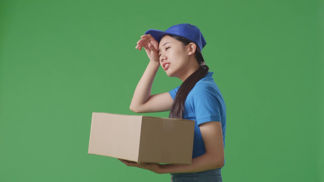 Sidovy på trött asiatisk kvinnlig kurir i blå uniform som går och torkar bort svett medan hon levererar en kartong mot greenscreenbakgrund i studion.