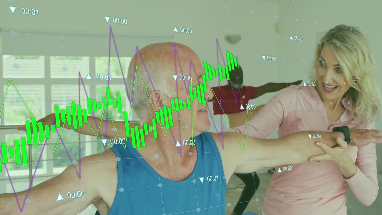 animación del procesamiento de datos en diversos grupos de ancianos que hacen ejercicio