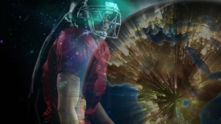 Football player appearing in starfield and initiating globe spin while showing sports tech network