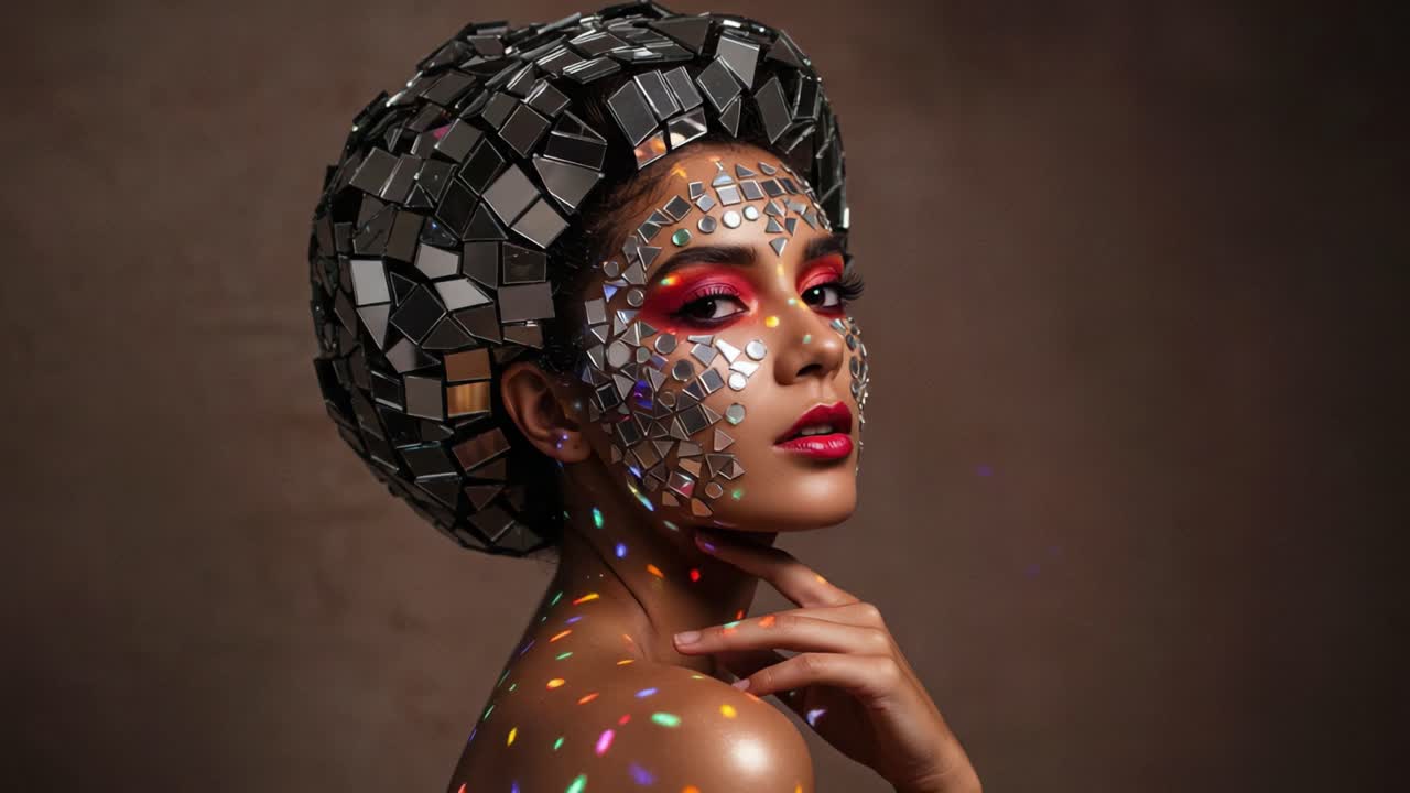 Ritratto mozzafiato di una modella adornata con un copricapo a specchio unico e un'elaborata decorazione facciale in un'ambientazione da studio accattivante.