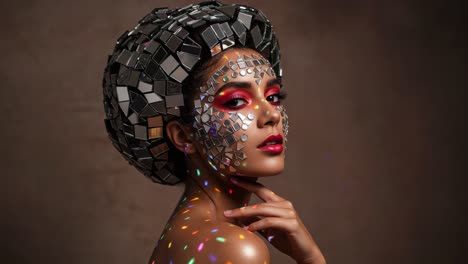 stunning portrait of a model adorned with a unique mirrored headpiece and intricate facial decoration in a captivating studio setting
