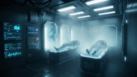 A Mysterious Futuristic Laboratory Featuring Suspended Bodies in High-Tech Chambers Amidst a Surreal Atmosphere of Mist and Ambient Lighting