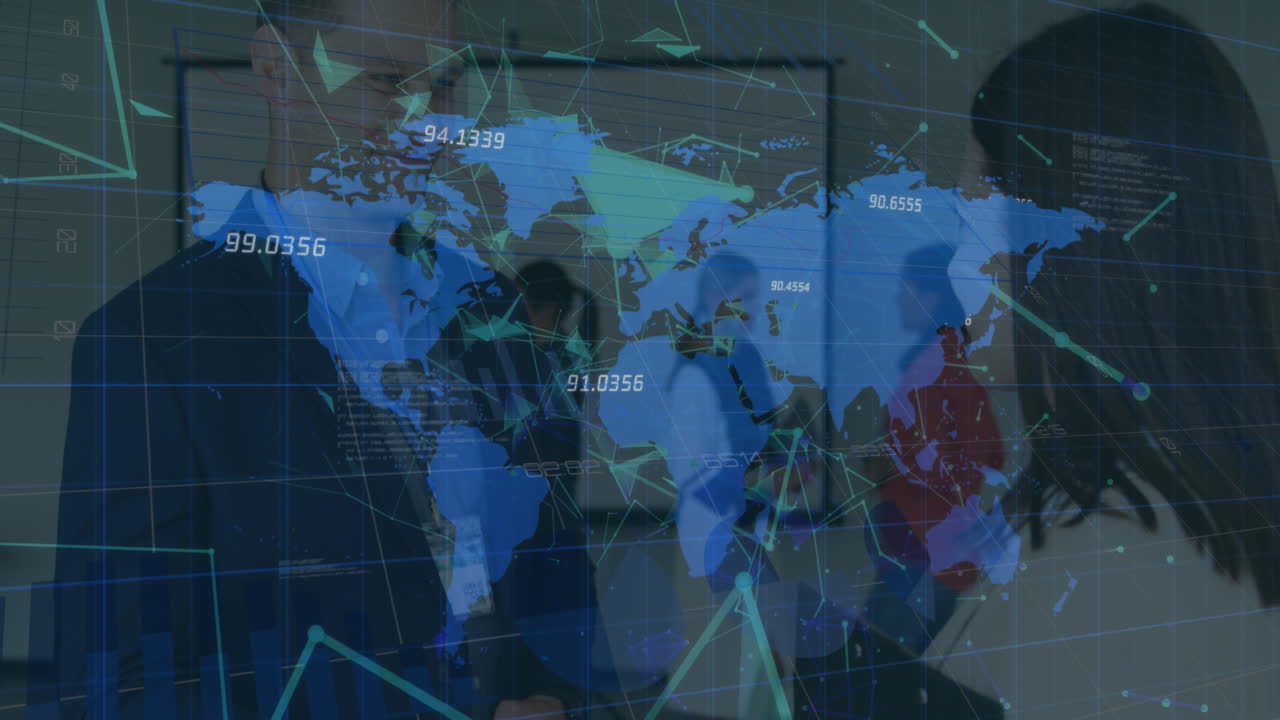 세계 지도와 금융 데이터 처리의 애니메이션 사무실의 사업가들 위에