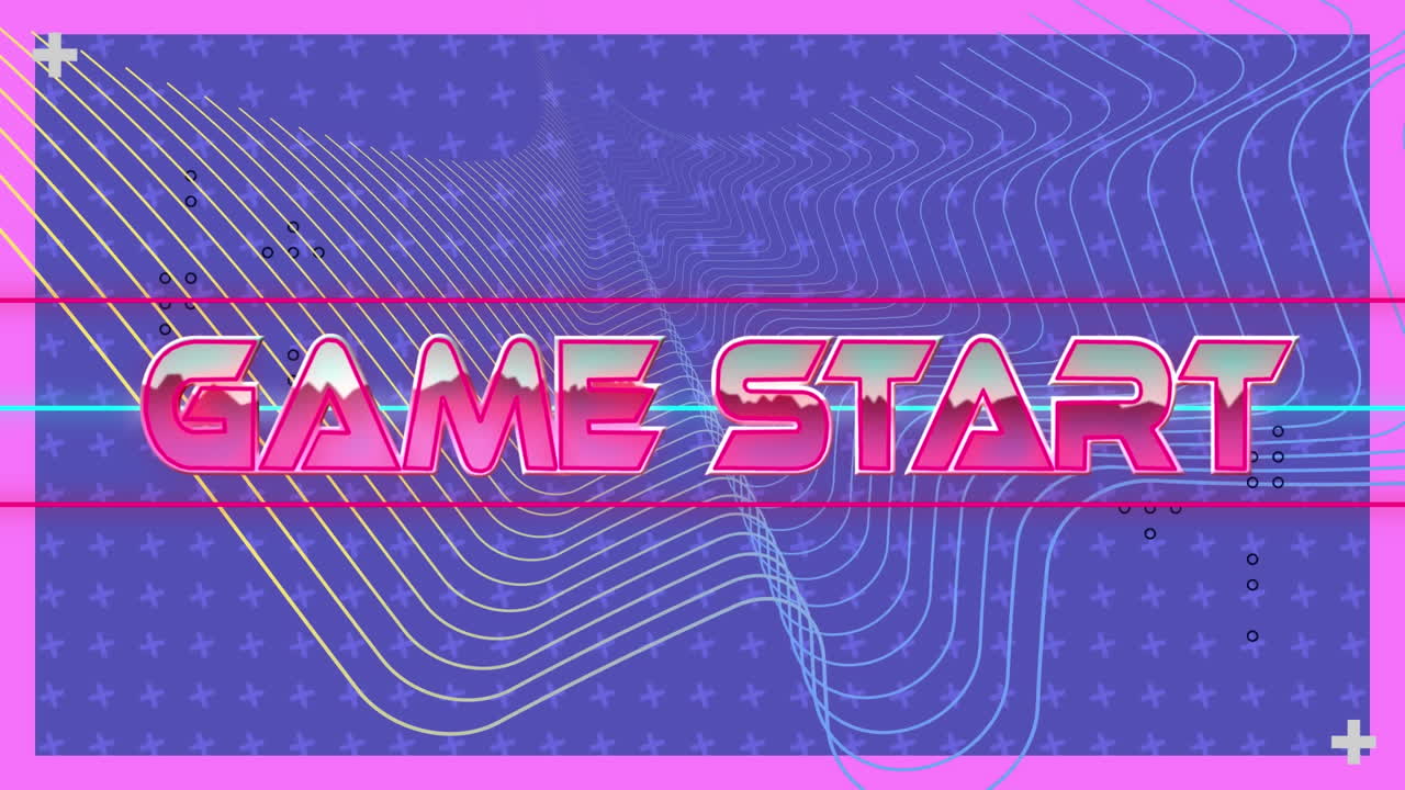 네온 선과 메타버스 그리드 위에 금속 분홍색으로 게임 시작 텍스트의 애니메이션