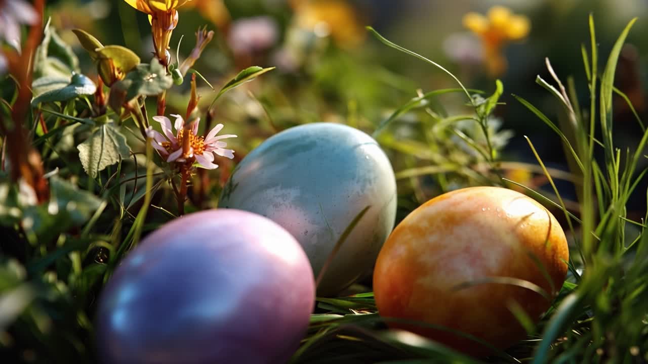 Soft sunlight glows through spring grass. Three painted eggs rest among wildflowers. Purple, blue, and gold tones reflect gentle light. Flowers sway slightly in mild breeze