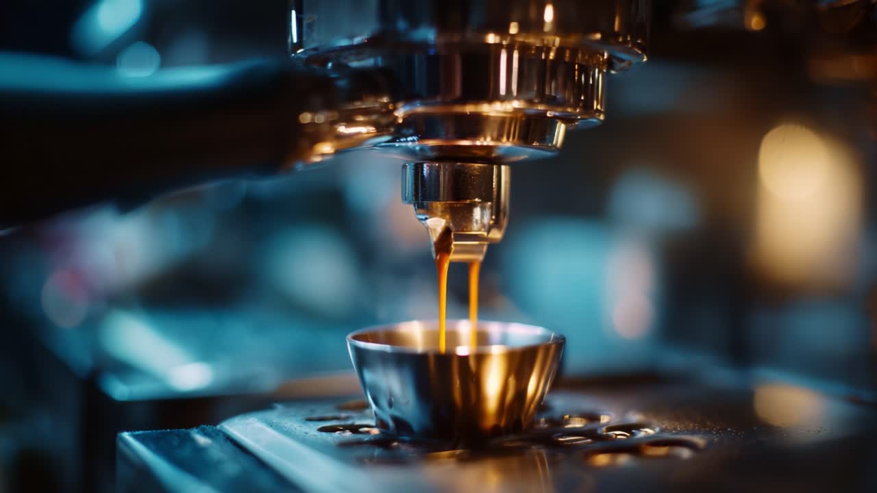 Espresso appena fatto che esce da una macchina per espresso di alta qualità, catturando l'arte dell'estrazione del caffè in un ambiente accogliente di una caffetteria