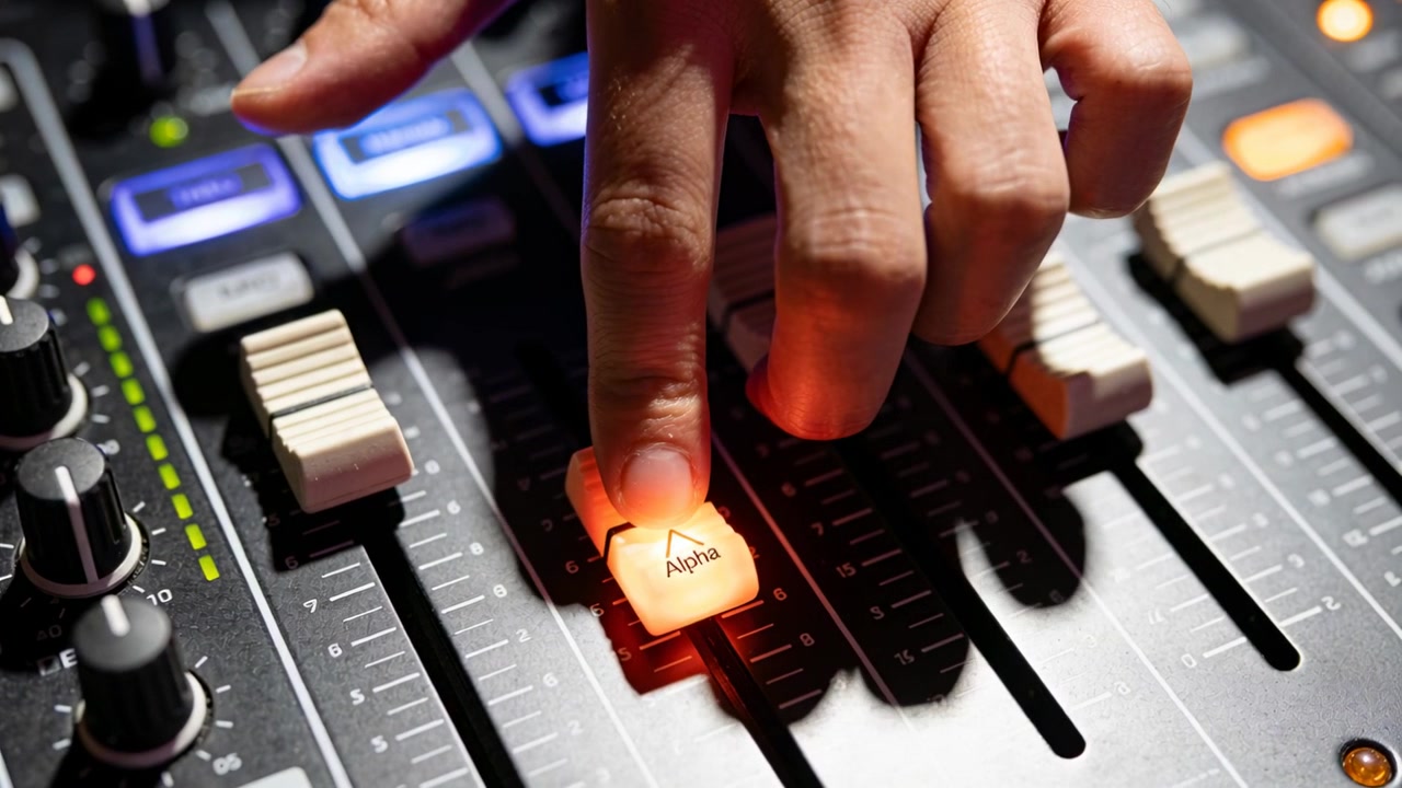 Sliding right hand entering frame, pressing Alpha button on studio console activating channel