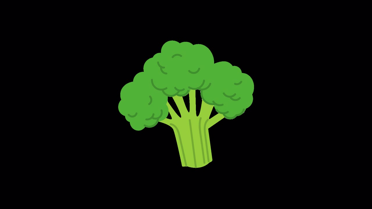 Broccolo verde animato che cresce su sfondo nero