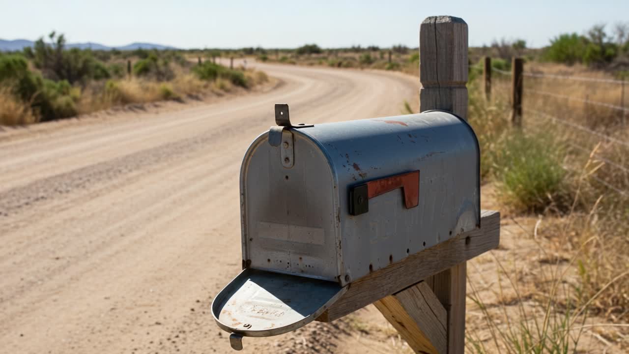 A Rustic Mailbox Stands Alongside a Dusty Country Road, Reflecting the Calm and Loneliness of Rural Life Under a Clear Blue Sky
