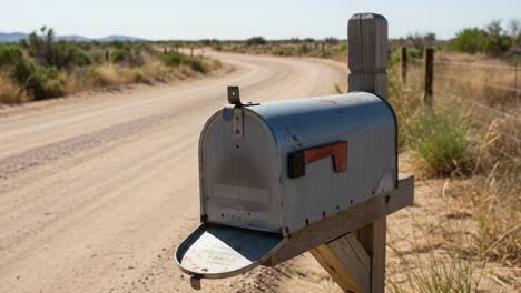 a rustic mailbox stands alongside a dusty country road, reflecting the calm and loneliness of rural life under a clear blue sky