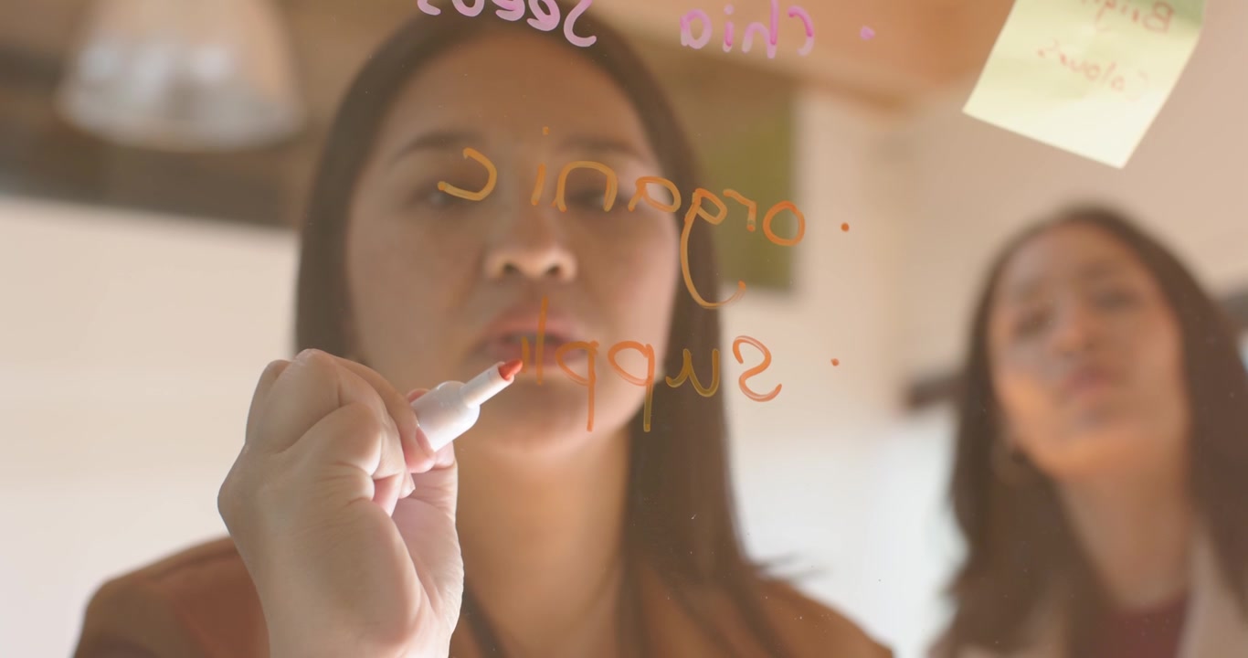 Dos compañeras de trabajo observando a una mujer asiática madura trayendo un rotulador rojo, escribiendo en un cristal y revisando una lista.