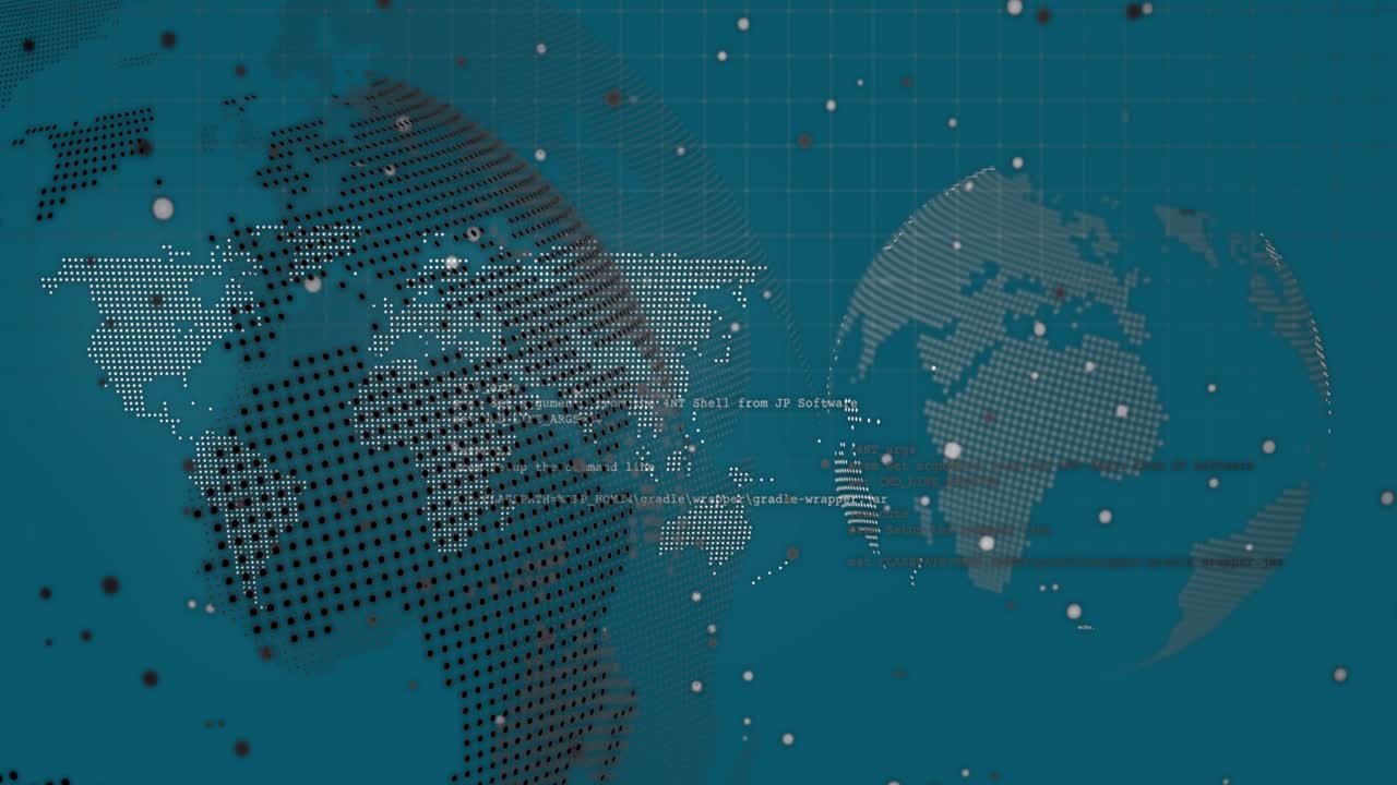 Animation of data processing and globe over blue background