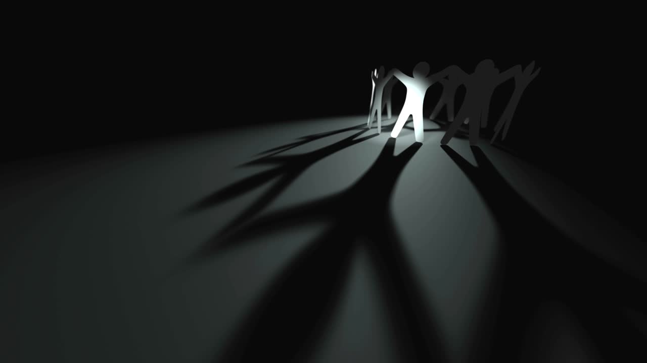 concepto de trabajo en equipo. muñeca de papel humana personas cortadas girando en círculo con sombras reflejo en el suelo gris, fondo de bucle