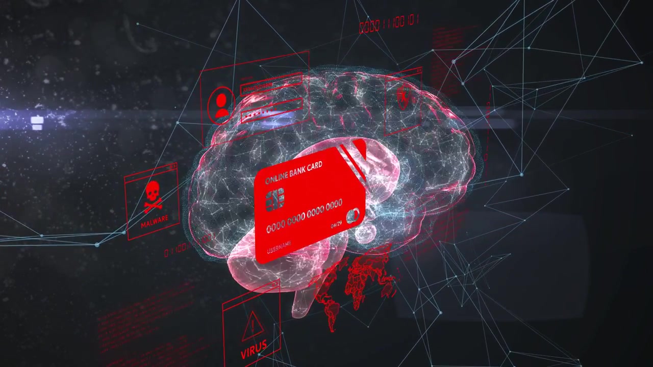 Red card appearing and circling translucent brain while warning glyphs pulsing, showing fraud risk