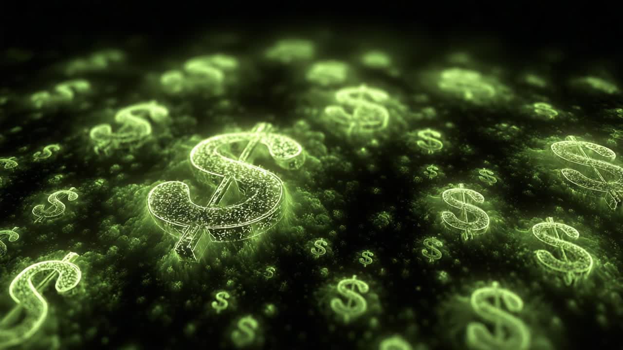 Lumoava esitys hehkuvista dollarisymboleista tummaa taustaa vasten, joka vangitsee rikkauden ja taloudellisen vaurauden olemuksen kiehtovassa digitaalisessa kohtauksessa.