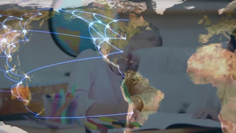 animation of children in a classroom over earth with big cities connected in the background