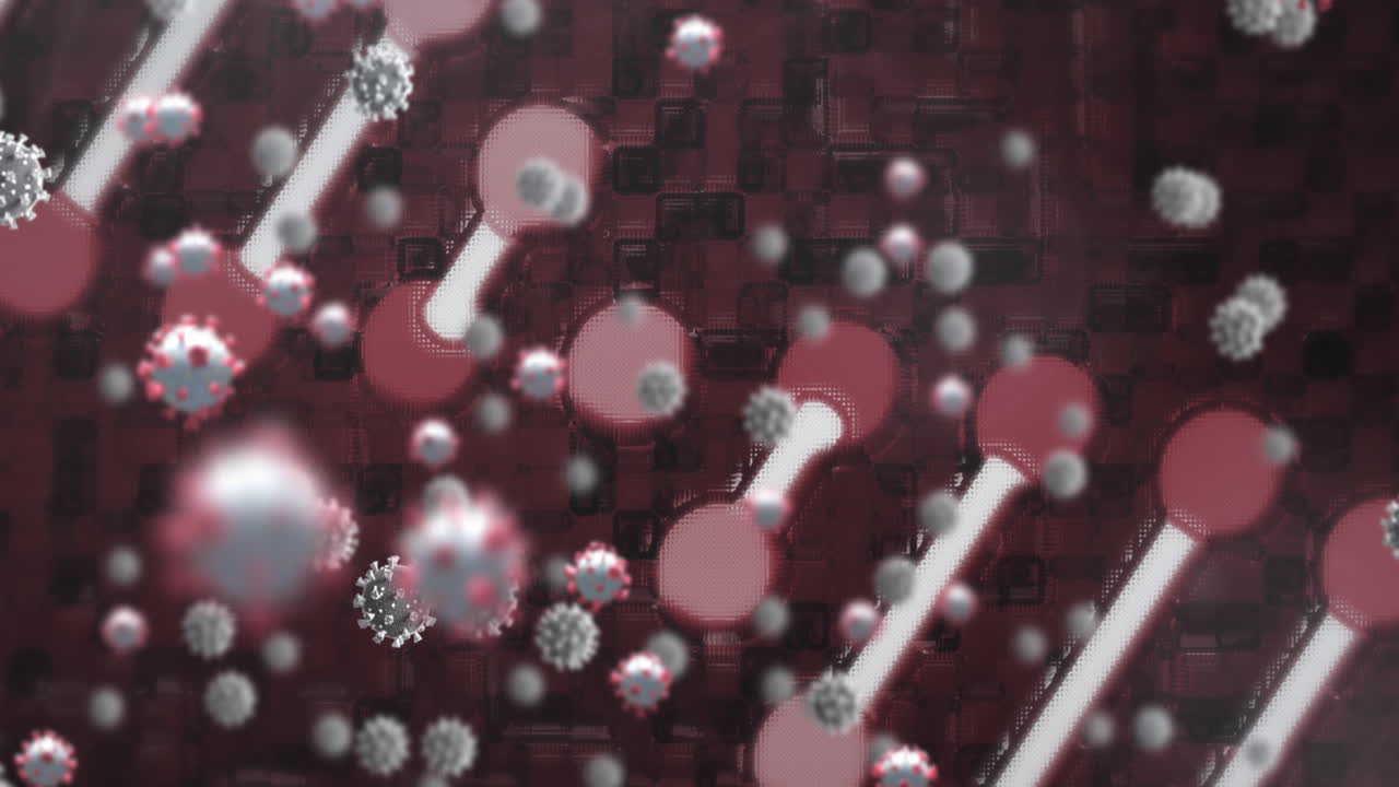 dna 구조와 코로나19 세포가  ⁇ 은 배경에 있습니다.