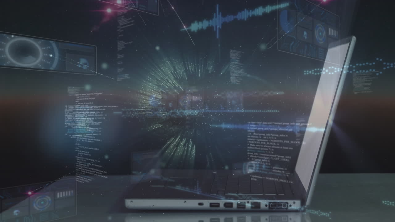 노트북을 사용하여 지구의 애니메이션과 인간에 대한 데이터 처리