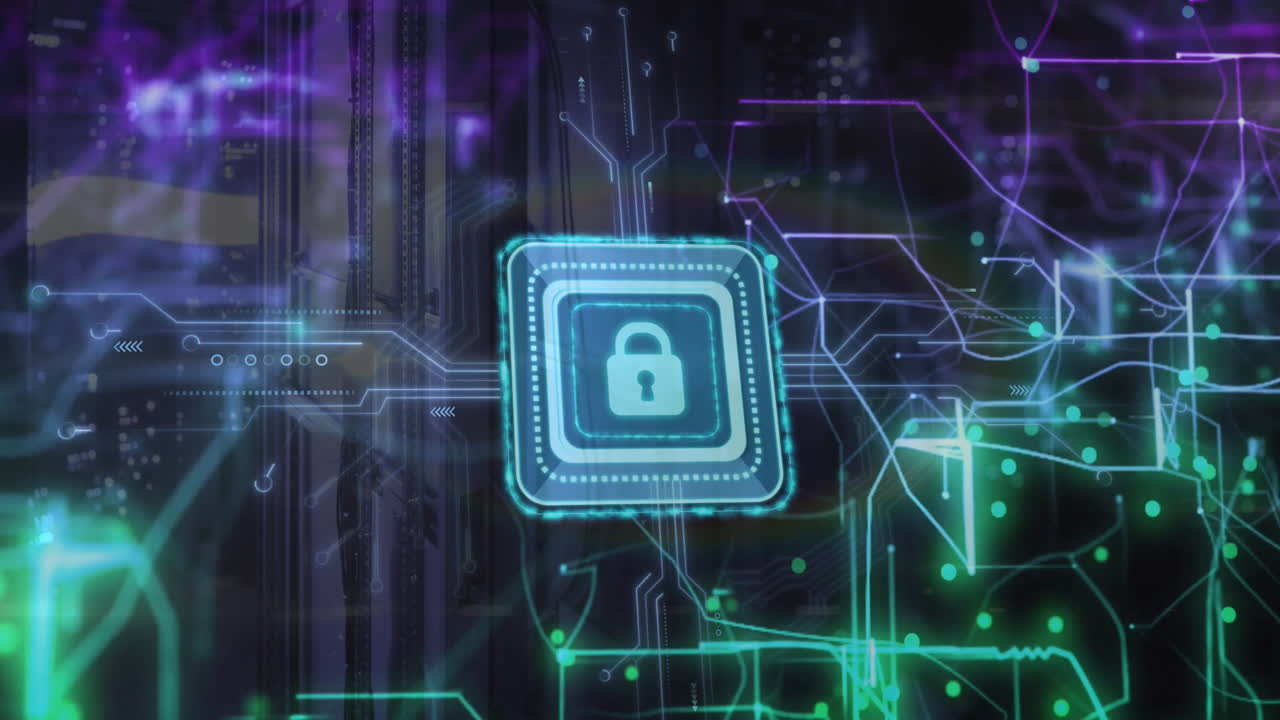 Animation of padlock icon and digital data processing over computer servers