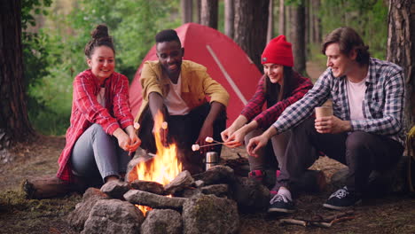 friends roasting marshmallows around a campfire