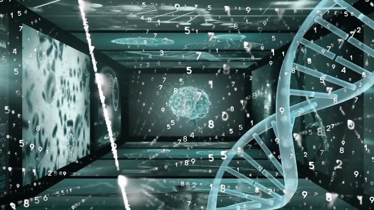 Digital animation of dna structure spinning over screens on medical data processing