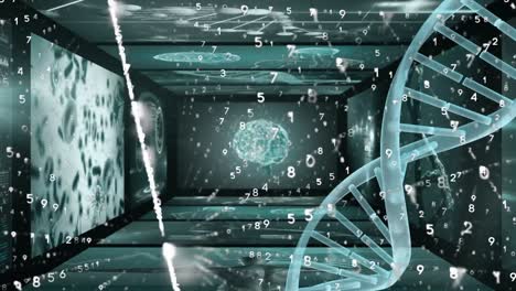 digital animation of dna structure spinning over screens on medical data processing