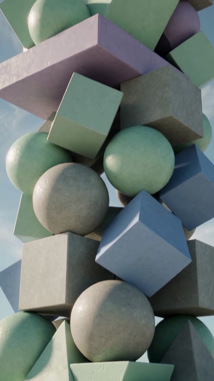 Vertical video: On cut, camera rising and rotating around tower at sky showing pastel spheres cubes