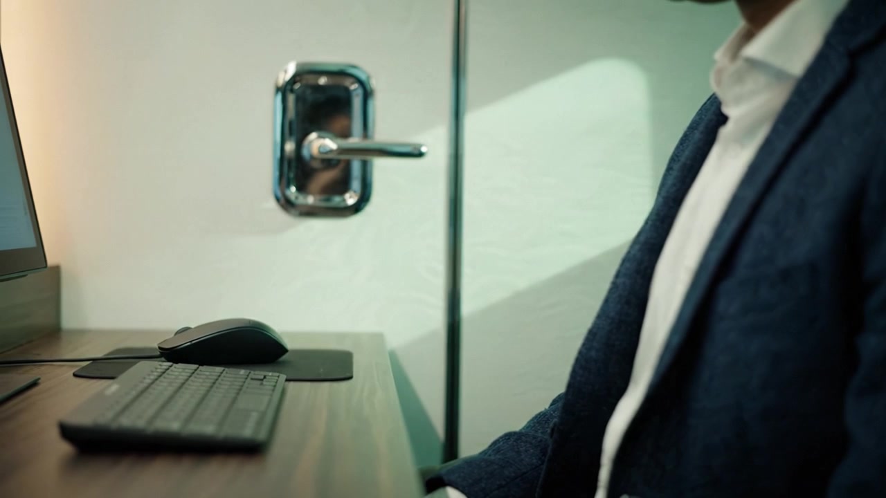 La concentrazione di un professionista sul lavoro a una scrivania moderna con una postazione computer, che mostra attenzione ai dettagli e l'ambiente di produttività.