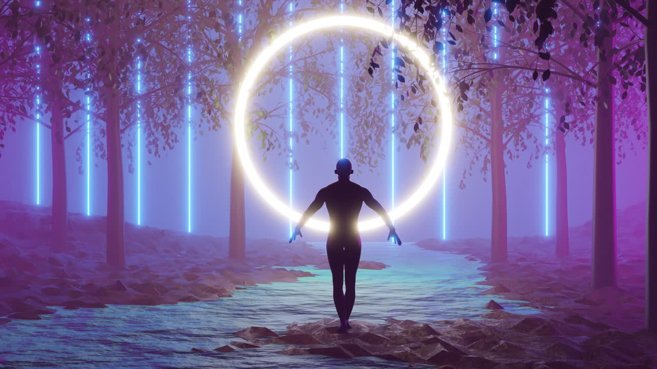 Neon Forest Path with Figure