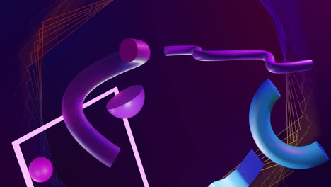 animation of 3d blue and purple shapes rotating over pink frame and network lines on dark background