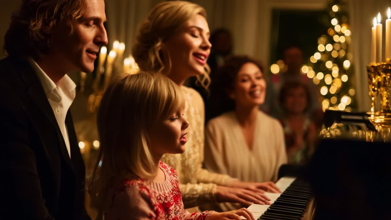 A Joyous Family Gathering Around a Piano: Celebrating Togetherness and Music in a Warm Atmosphere with Loved Ones During a Festive Evening Full of Laughter and Harmony