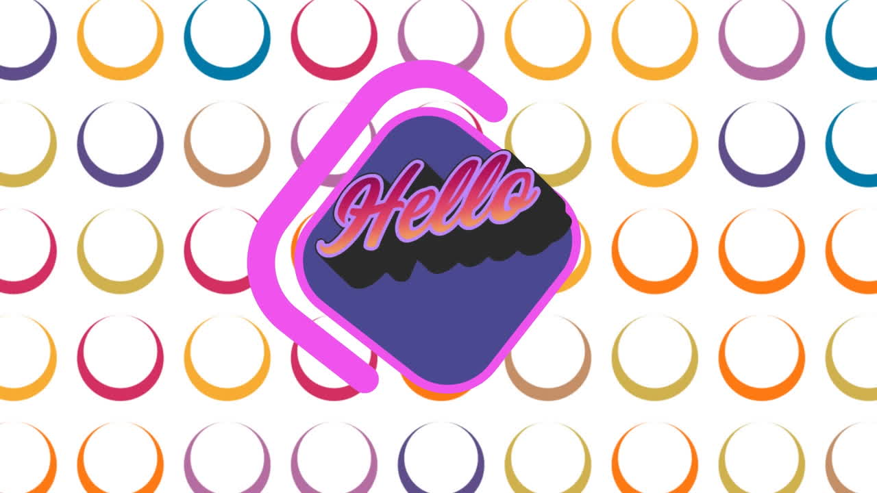 animación del texto de saludo sobre gráficos y formas coloridas