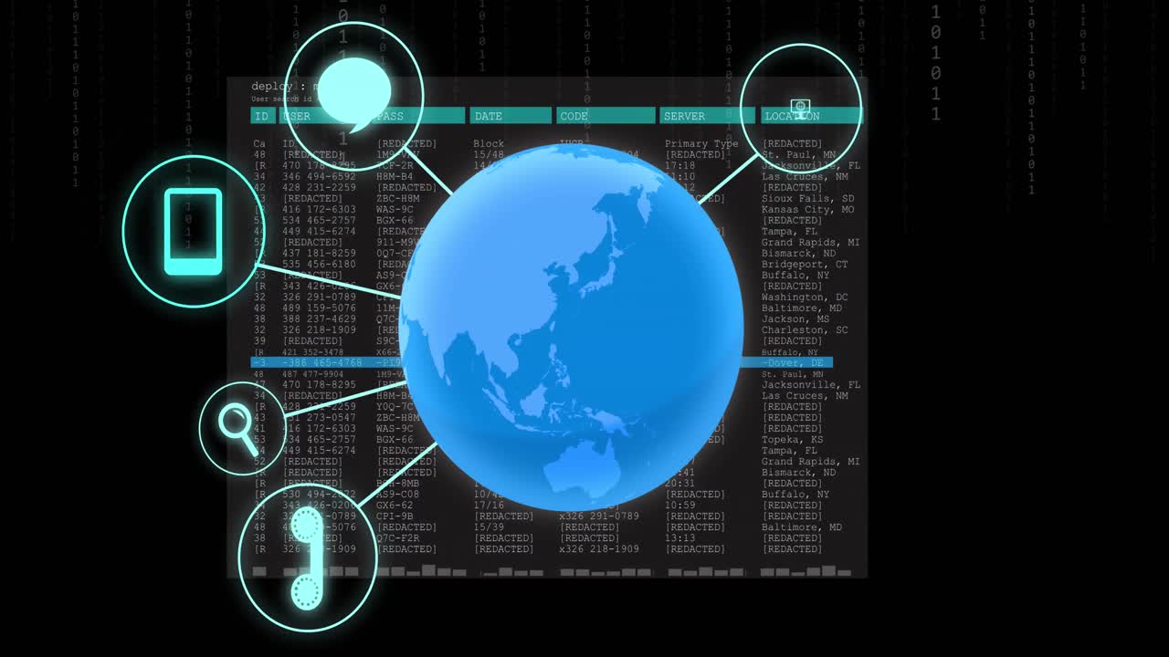 animación del globo con iconos y procesamiento de datos