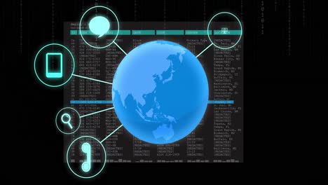 animation of globe with icons and data processing