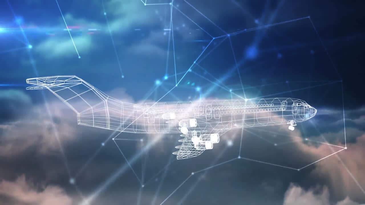 파란 하늘의 구름에 대해 회전하는 3d 비행기 모델에 대한 연결 네트워크