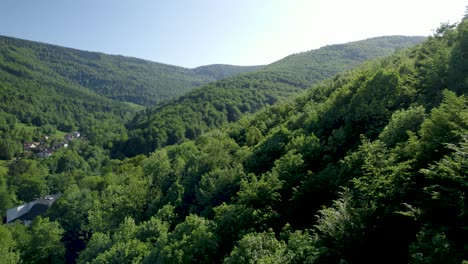 Vista-De-Pájaro-Del-Enorme-Bosque-Salvaje-En-El-Paisaje-Montañoso-Con-Pequeños-Edificios