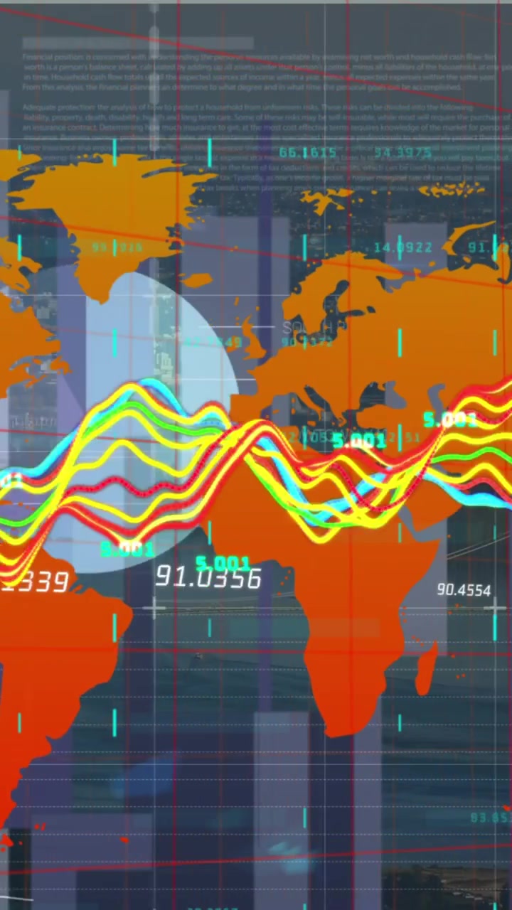 Animazione di elaborazione di dati statistici sopra una mappa del mondo su uno sfondo di vista aerea di un paesaggio urbano.