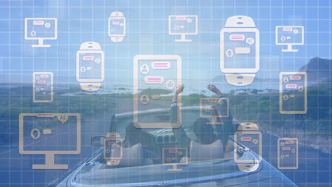 animation of icons of communication devices and ai over road