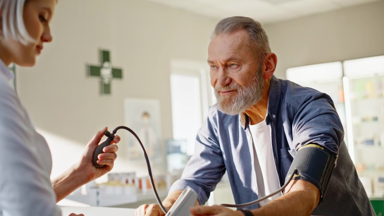 Doctor hands measuring pressure of elderly male patient in pharmacy closeup
